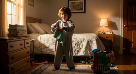 A young boy in pajamas stands in his bedroom holding a folded towel, helping with laundry chores near a basket. Sunlight streams into the cozy room, highlighting the domestic scene.の素材