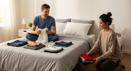 A young couple sits on a bed folding clean laundry together. They are smiling and interacting while organizing stacks of t-shirts and jeans, turning a chore into a shared activity.の素材