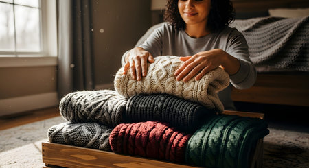 A woman neatly folding a beige cable-knit sweater and placing it onto a stack of colorful warm clothes in a wooden tray. The scene conveys a sense of cozy winter organization and wardrobe management.の素材