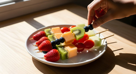 A hand holds a fresh fruit skewer made of strawberry, kiwi, melon, and grapes, picking it up from a white plate. The image highlights healthy snacking, fresh ingredients, and a colorful vegetarian diet.の素材