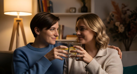 A happy lesbian couple sits closely together on a sofa in the evening, making a toast with glasses of water with lemon slices. The warm lighting creates a romantic and cozy atmosphere, highlighting their affectionate bond.の素材