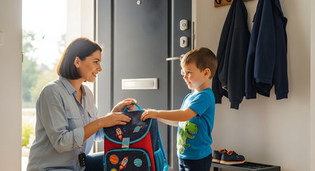 A smiling mother hands a blue space-themed backpack to her young son at the front door, preparing him for school. The scene captures the daily morning routine and a heartwarming moment of parental care before departure.の素材