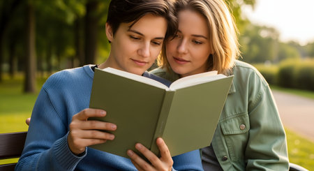 Two young women sit close together on a park bench, sharing a book and reading intently in a green outdoor setting. The image suggests study, friendship, or a romantic connection, enjoying literature in nature.の素材