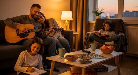 A happy family enjoys a cozy evening at home; the father plays an acoustic guitar while the mother leans on his shoulder, and their two daughters read and draw nearby. The warm lighting creates a peaceful atmosphere of family bonding and leisure.の素材