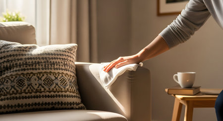 A close-up of a hand using a white microfiber cloth to wipe dust off a beige sofa armrest in a sunlit room. The image focuses on household cleaning, hygiene, and maintaining furniture.の素材
