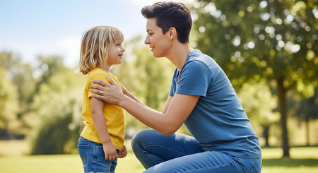 A mother kneels on the grass in a sunny park to talk face-to-face with her young son. They are looking at each other with smiles, demonstrating a loving, supportive, and communicative parent-child connection in nature.の素材
