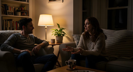 A man and a woman sit in armchairs in a cozy living room at night, engaged in deep conversation under the warm glow of a floor lamp. The scene depicts intimate communication, relationship bonding, or a serious discussion in a relaxed home environment.の素材