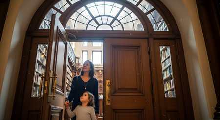 A woman and a young girl hold hands while walking through a large arched wooden doorway into a grand library filled with books. The child looks up in awe at the architecture and rows of books, symbolizing a journey into knowledge and learning.の素材
