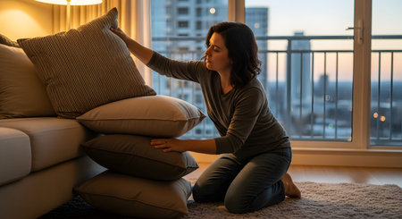 A woman kneels on a rug in a modern apartment, arranging a stack of throw pillows against a sofa near a large window with a city view. The evening light creates a cozy and contemplative atmosphere as she tidies up her living space.の素材