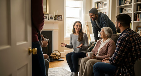 A diverse group of family and friends, spanning different generations, laughs and talks together in a comfortable living room. They are holding mugs, enjoying coffee or tea, and engaging in lively social interaction.の素材