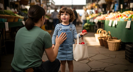 A mother kneels to talk to her toddler daughter who is holding a red apple and a small reusable bag in a busy market. The scene highlights teaching children about healthy food choices and the experience of grocery shopping for fresh produce.の素材