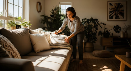 A woman tidies up her living room by fluffing and arranging decorative pillows on a beige sofa. The sunlit scene emphasizes home maintenance, comfort, and the creation of a welcoming domestic space.の素材