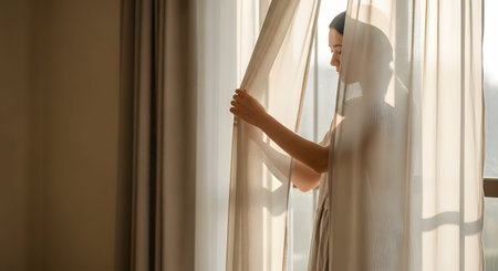 A woman stands by a window in a dimly lit room, opening the sheer curtains to let in the bright morning sunlight. The soft light creates a silhouette, symbolizing a fresh start and the beginning of a new day. The scene captures a peaceful and serene morning routine at home.の素材