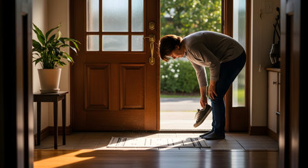 A woman stands in the entryway of a house, bending down to take off her sneakers near the open front door. Sunlight streams in from outside, illuminating the hallway and a potted plant. This image depicts coming home, household routines, and keeping the house clean.の素材