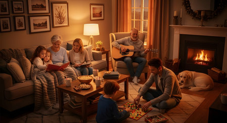A large multigenerational family enjoys a warm evening together in a living room lit by a fireplace and lamps. The scene features a grandfather playing guitar, children playing a board game, and a grandmother reading to her granddaughters.の素材