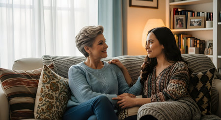 A senior mother and her adult daughter sit close together on a sofa engaging in a warm and heartfelt conversation. They look into each other's eyes with smiles portraying a strong bond and intergenerational connection.の素材