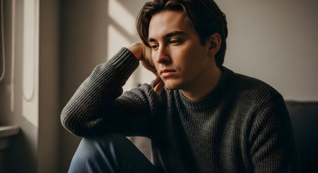 A young man sits near a window with a melancholic expression, resting his head on his hand. The play of light and shadow emphasizes his mood of deep thought, loneliness, or sadness.の素材