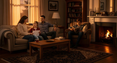 A cozy family scene in the evening with a lit fireplace, where parents and daughter look at a drawing while the son reads a book in an armchair. The warm lighting creates an atmosphere of comfort and family bonding.の素材