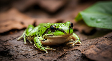 A bright green frog with dark spots sits poised on a bed of damp brown leaves and bark. The amphibian's skin appears wet and textured, and its large eye is in sharp focus against a blurred natural background. This close-up captures the details of rainforest wildlife or a damp woodland ecosystem.の素材