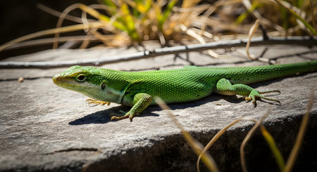 A bright green lizard stretches out on a flat, sun-warmed rock, basking in the daylight. The reptile's textured scales and alert expression are sharp against the blurred background of dry grass, showcasing coldblooded animal behavior in nature.の素材