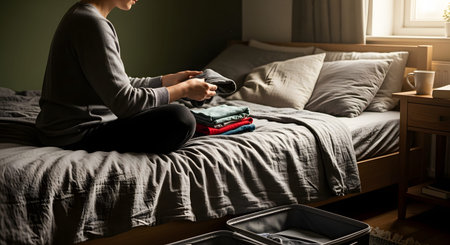A person sits on a bed, packing a suitcase with neatly folded piles of shirts and pants. The scene is illuminated by natural light, capturing the organization and preparation involved in getting ready for a trip or vacation.の素材