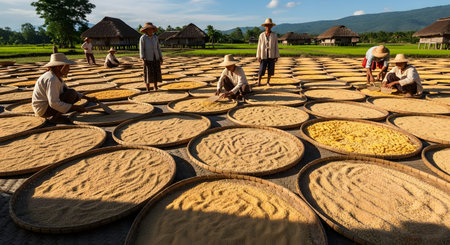 Farmers work under the sun spreading rice grains on large round mats to dry in a rural village. Traditional thatched-roof houses and green fields are visible in the background, depicting agricultural life in Asia.の素材