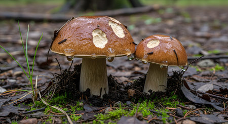 Two brown bolete mushrooms with white stems growing from the dark forest soil. Raindrops or dew cling to the caps, adding freshness to the damp woodland scene.の素材