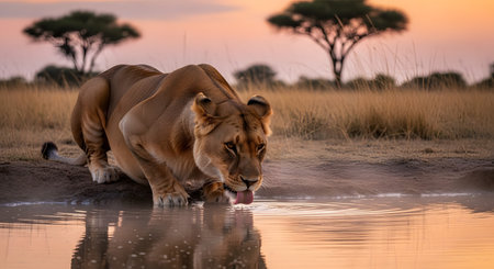 A majestic lioness crouches to drink water from a pool at sunset in the African savannah. The warm golden light illuminates her fur and the iconic acacia trees in the background, creating a serene wildlife scene.の素材