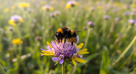 A fuzzy bumblebee collecting pollen from a purple wildflower in a sunny meadow. The macro shot captures the insect's details against a soft, blurred background of yellow and green vegetation.の素材