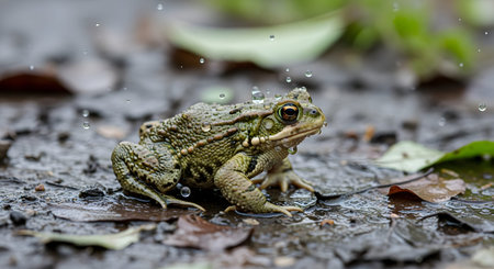 A bumpy toad sits on wet ground surrounded by fallen leaves while rain falls around it. The image captures the resilience of wildlife during a storm, with water droplets visible in the air and on the amphibian's skin.の素材