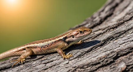 A brown lizard rests on the rough bark of a tree, blending in with its surroundings. The close-up image showcases the reptile's textured scales and natural camouflage in a forest environment.の素材