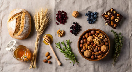 A flat lay arrangement of healthy food ingredients including bread, wheat stalks, honey, nuts, berries, and dark chocolate on a linen background. The composition represents organic nutrition and a balanced diet.の素材