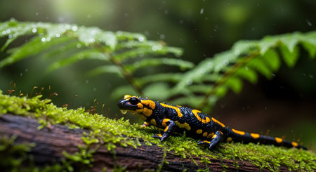 A striking fire salamander with black and yellow markings crawling on a moss-covered log. The scene is set in a rainy forest environment with water droplets visible, highlighting the amphibian's wet skin.の素材