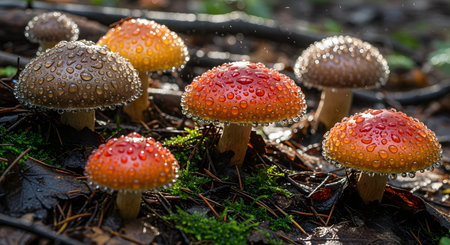 A magical cluster of mushrooms with reddish-brown caps covered in fresh water droplets. Growing on the dark, damp forest floor, these fungi are captured in a detailed macro shot that highlights their texture and the wet environment.の素材