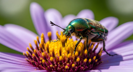 A shiny metallic green beetle perches on the center of a purple flower, covered in yellow pollen. This macro shot highlights the intricate details of insect life and the vital process of pollination in a garden.の素材
