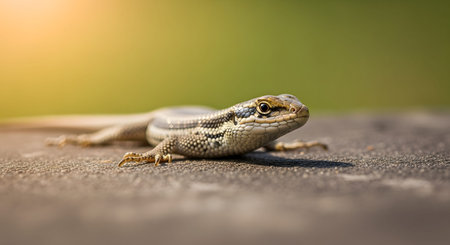 A small skink lizard basking on a textured rock surface in the sunlight. The reptile is captured in profile with a blurred green background, highlighting its scales and alert expression.の素材