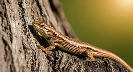 A brown lizard basking on the textured bark of a tree trunk in warm sunlight. The reptile is captured in profile, highlighting its scales and alert posture in its natural habitat.の素材