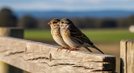 Two small sparrows perch side-by-side on a weathered wooden fence, bathed in soft sunlight. The background features a blurred green field and blue sky, highlighting the birds in a peaceful rural setting.の素材
