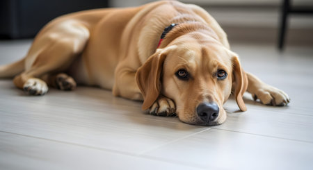 A golden Labrador Retriever dog lies resting on a light-colored floor, looking directly at the camera with soulful eyes. The close-up perspective focuses on the dog's face and paws, conveying a sense of calm and domestic companionship.の素材