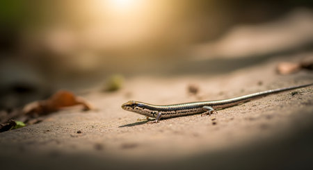 A small skink lizard with a shiny body sunbathing on a flat rock surface. The reptile is captured in a natural outdoor setting with a blurred background, showcasing its scales and long tail.の素材