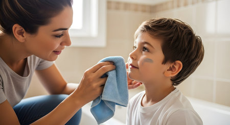 A caring mother gently wipes her young son's face with a soft blue towel in a bright bathroom setting. The child looks up calmly while the mother focuses on cleaning a smudge from his cheek. This scene captures a tender moment of parenting, hygiene, and daily care routines.の素材
