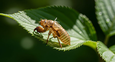 A sharp macro image of a golden-brown cicada exuvia (discarded exoskeleton) clinging to a vibrant green leaf. The intricate details of the shell and the leaf's veins are illuminated by natural sunlight, symbolizing growth and transformation.の素材