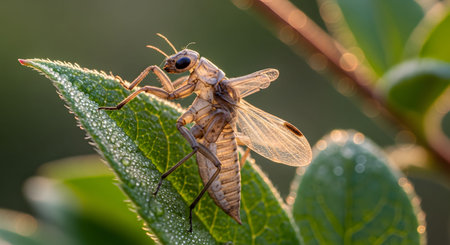 A delicate mayfly with transparent wings and long antennae is perched on a green leaf covered in tiny dew droplets. The warm, low-angle sunlight creates a beautiful bokeh effect and highlights the fragile structure of the insect.の素材