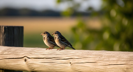 Two small sparrows perch side-by-side on a weathered wooden fence rail, bathed in warm sunlight. The birds are set against a soft, blurred background of green and yellow foliage, creating a peaceful rural atmosphere.の素材