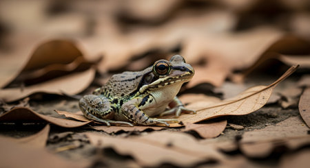 A brown frog sits quietly among dry, brown autumn leaves on the forest floor. The amphibian's skin tone provides excellent camouflage within the natural environment, captured in a detailed close-up shot.の素材