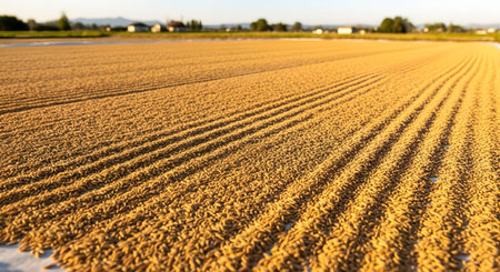An expansive area of grain is spread out in neat rows across a large white tarp to dry in the open air under a clear sky. The perspective shows the scale of the agricultural process and the traditional method of sun-drying crops.の素材