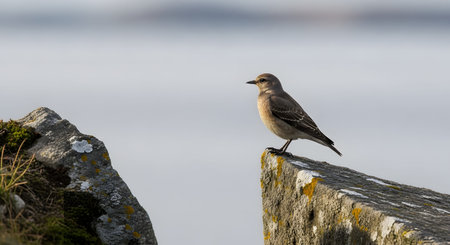 A small brown songbird is perched alertly on the edge of a rugged stone cliff overlooking a soft, blurred ocean background. The minimalist composition emphasizes the bird's solitary presence against the vast coastal landscape.の素材