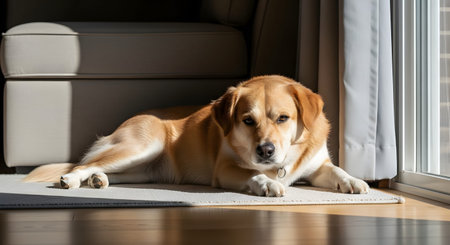 A golden-brown mixed breed dog lies peacefully on a beige rug in a sunlit room. The dog looks directly at the camera with a calm and gentle expression. Strong shadows and light create a warm comfortable atmosphere at home.の素材
