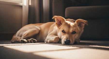 A light brown dog lies comfortably on a carpeted floor, resting its head on its paws in a patch of warm sunlight. The image captures a peaceful moment of a domestic pet relaxing indoors.の素材