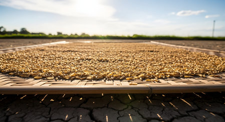 Harvested rice grains spread out to dry on woven bamboo mats under the sun in an open field. The scene depicts traditional agricultural practices common in Asian rice farming regions.の素材